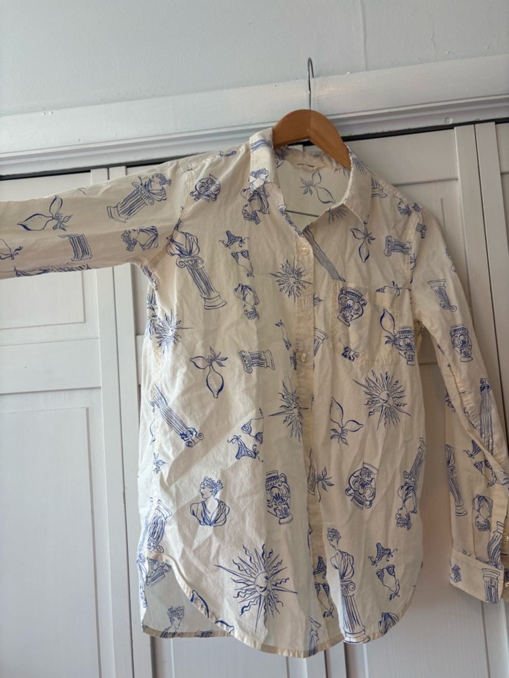 Cream Button-Up Shirt with Blue summer Print